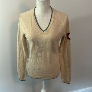 Blyss 247 Cashmere V Neck Neutral Sweater with Stitched Deer Design Size Smalll